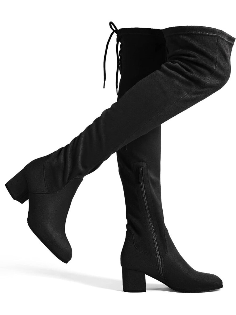Women's Black Faux Suede Chunky Heel Round Toe Over The Knee Thigh High Boots